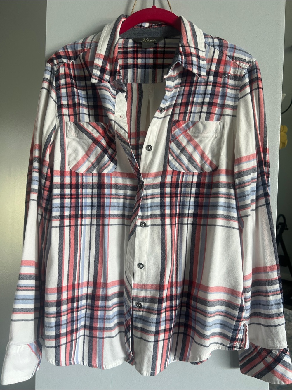 Natural Reflections White Plaid Button-Down Shirt with Red & Blue Stripes